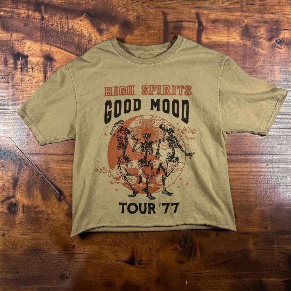 Isaac Morris High Spirits Good Mood Tour 77 Skeleton Graphic Crop Shirt Tan S